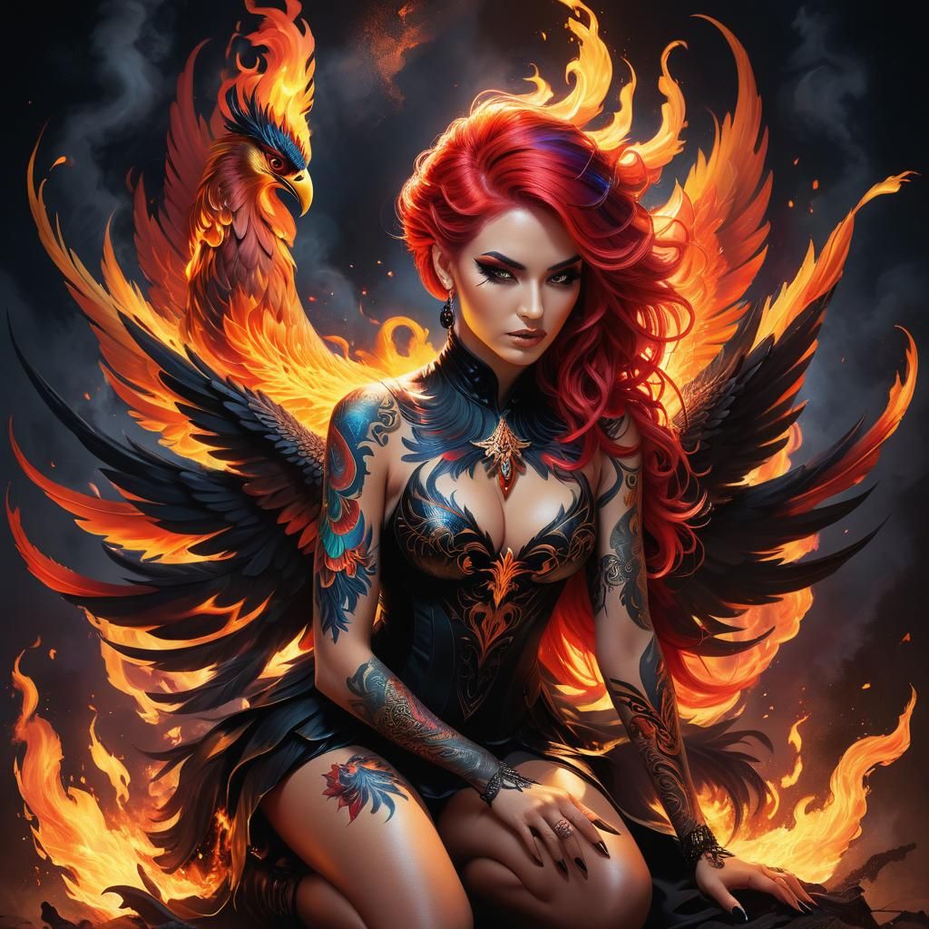 Gothic Phoenix Woman in a Dark Surreal Style