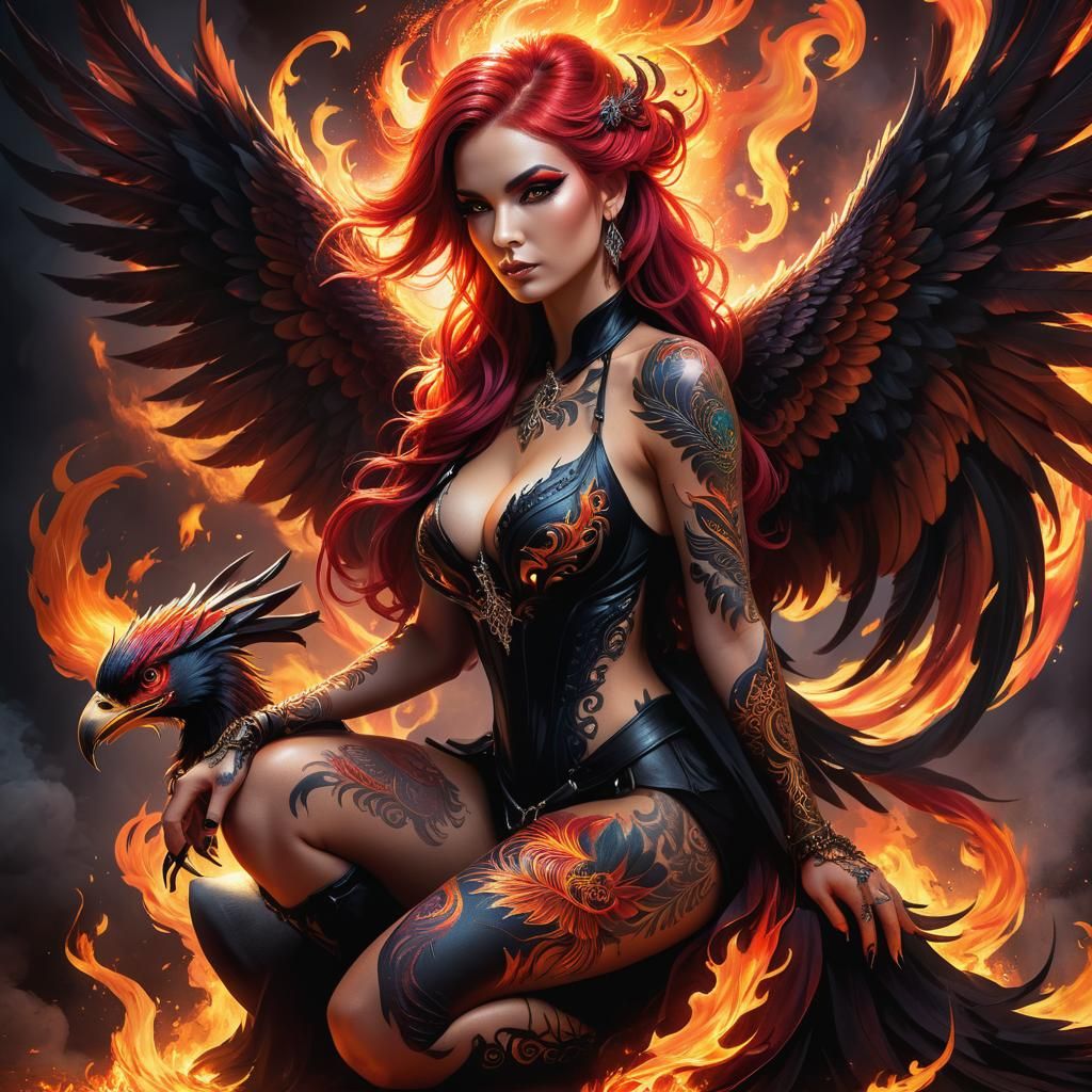 Gothic Phoenix Woman Portrait in Dark Surrealism
