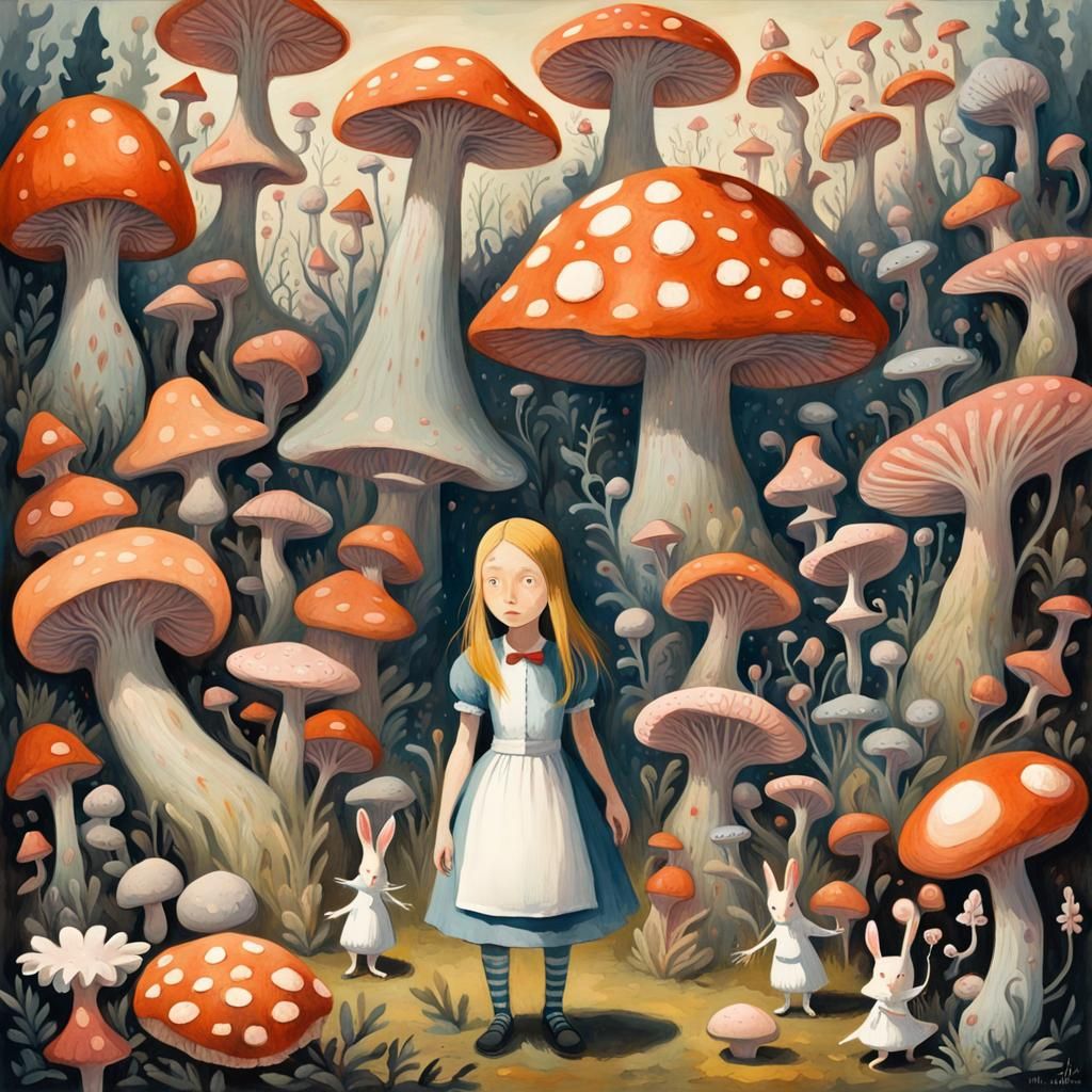 Alice in Wonderland with Creatures in Gouache Style