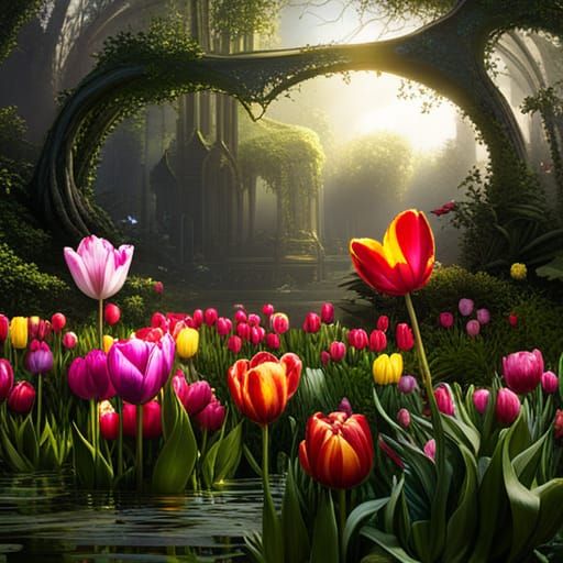 Fairies in a Dark Fantasy Tulip Garden