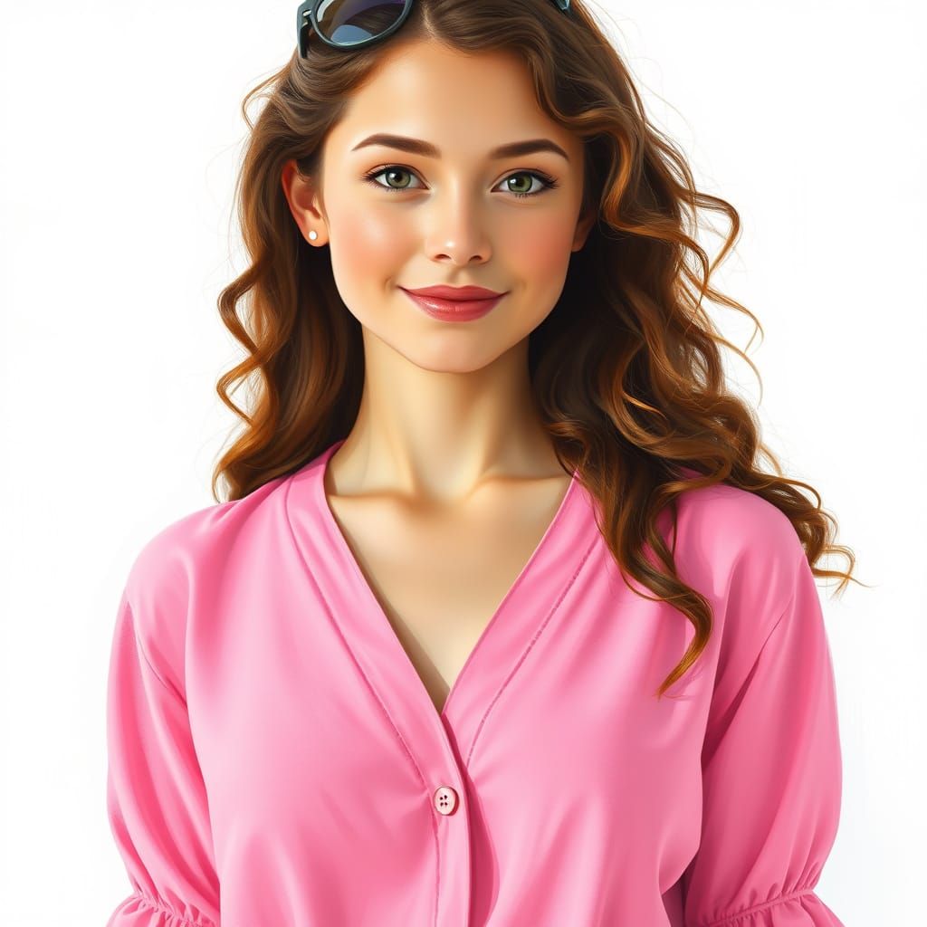 Young Woman in Soft Pink Blouse with Gentle Smile