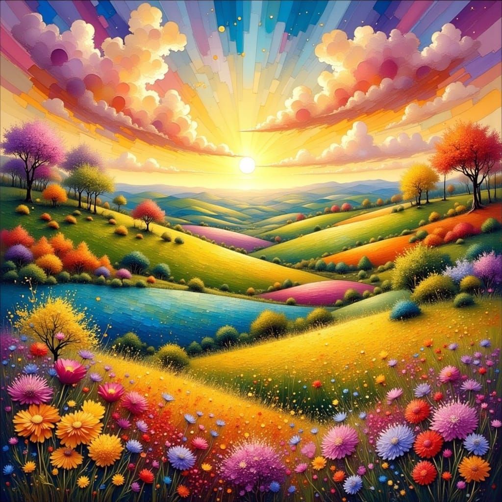 Whimsical Landscape with Rolling Hills and Flowers