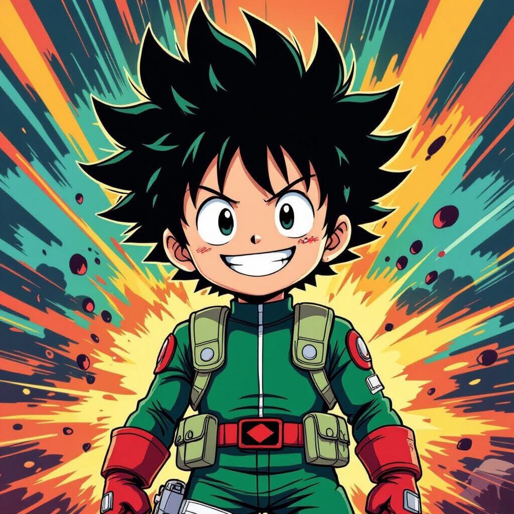 Heroic Boy in Manga Style Jumpsuit with Dynamic Textures