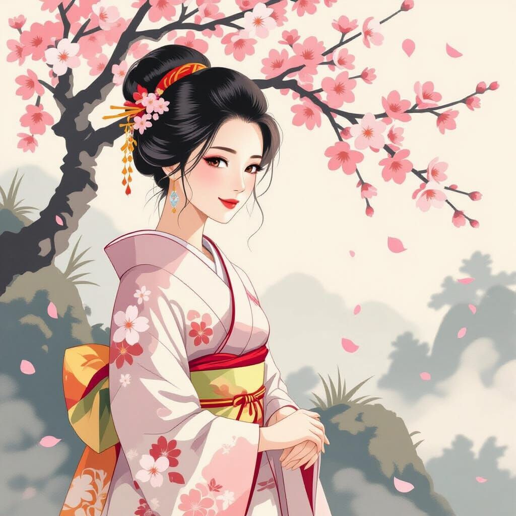 Japanese Spring Joy in Minimalist Yamato-e Style