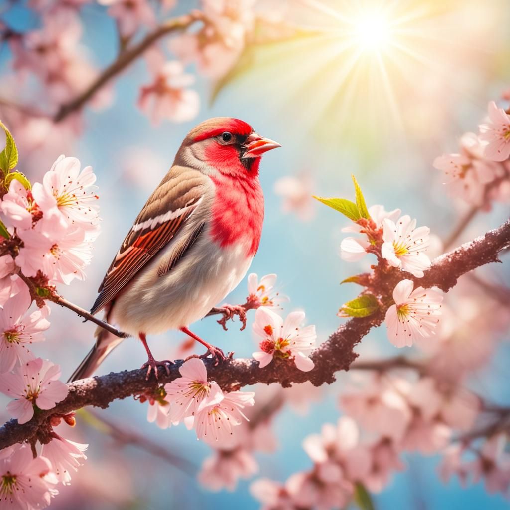 Red Finch in Cherry Blossom Sunlight