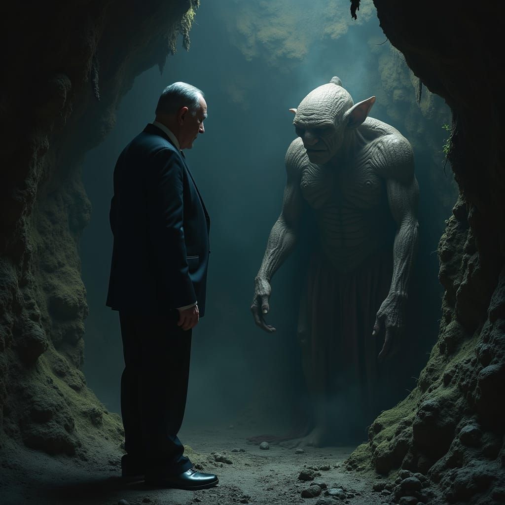 Netanyahu and Gollum in Mystical Cave, Cinematic Style