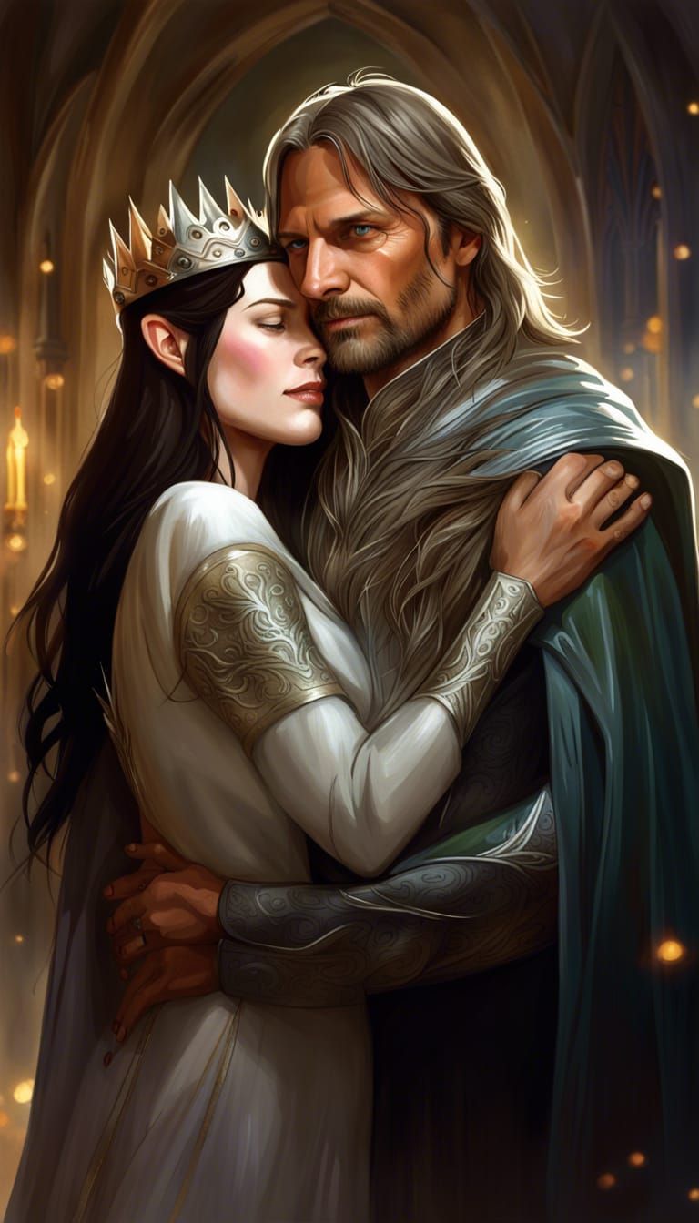 Aragorn hugs Arwen