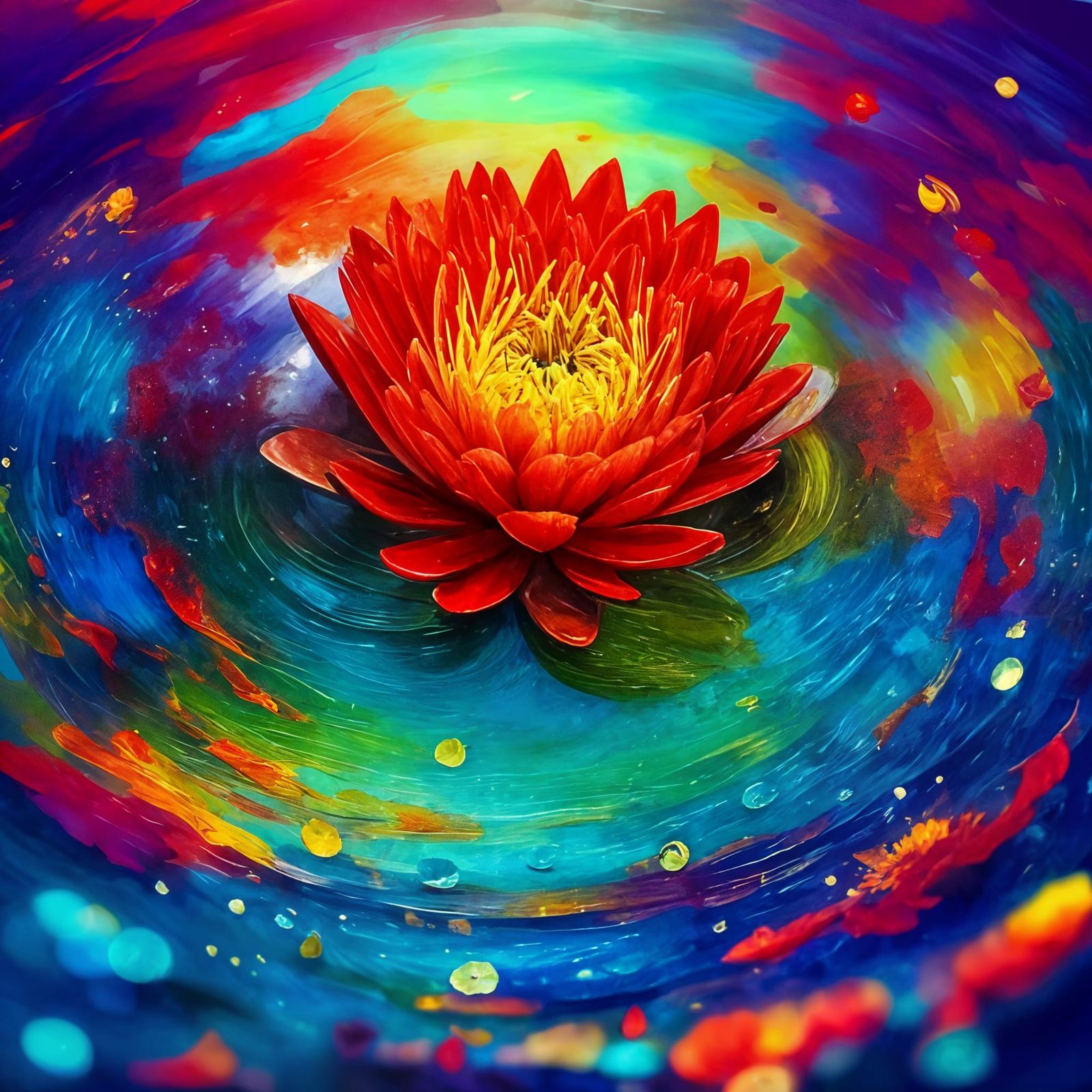 Vibrant Water Lily Oil Painting with Dewdrops