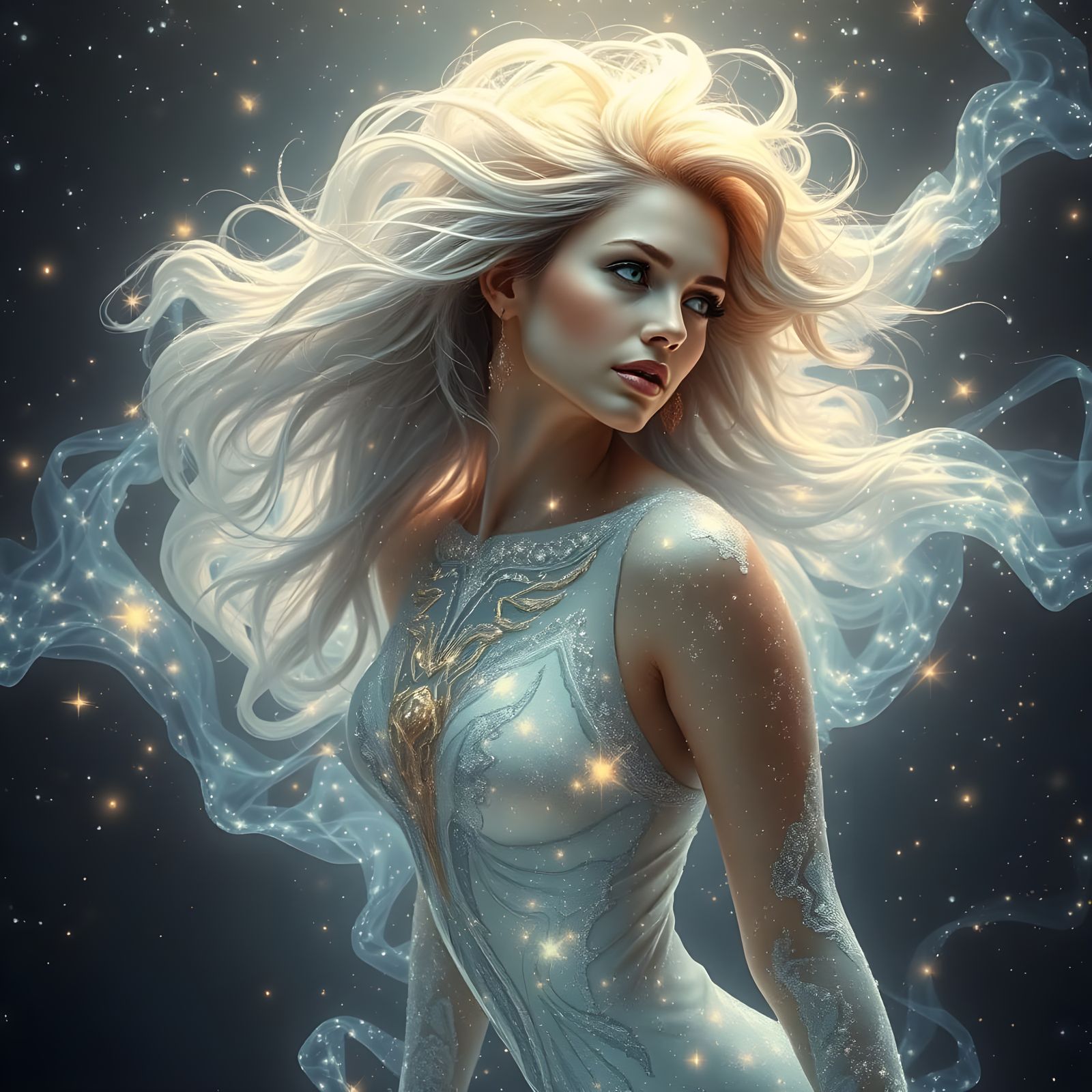 A Woman of Shimmering Starlight in Ethereal Glow