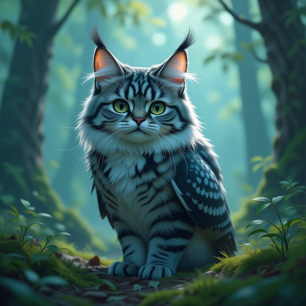 Mystical Feline-Owl Hybrid in Dreamy Forest