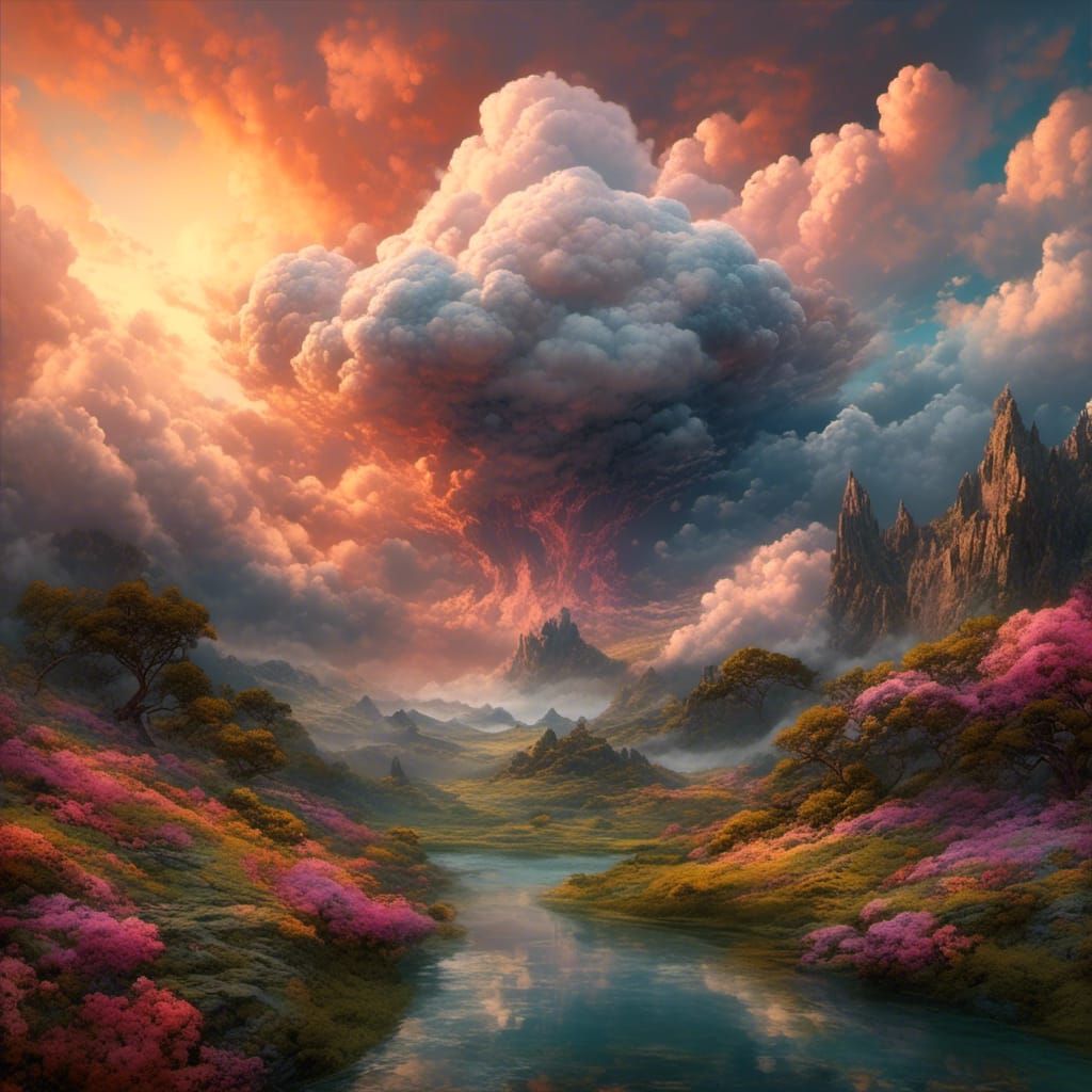 Fantasy Landscape with Floating Clouds: Digital Illustration