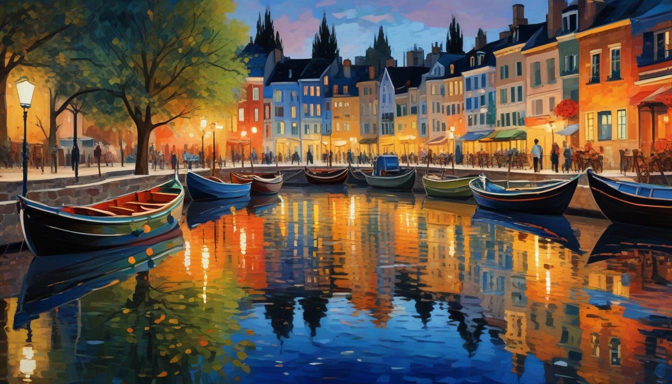 Neo-Impressionist Riverscape with Golden Hour Reflections