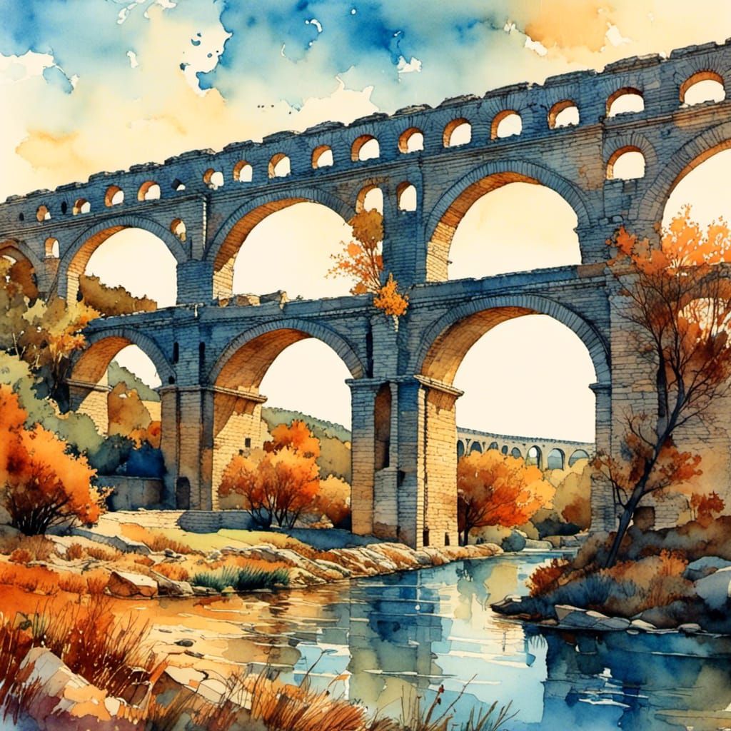 Ancient Roman Aqueduct at Pont du Gard in Watercolor