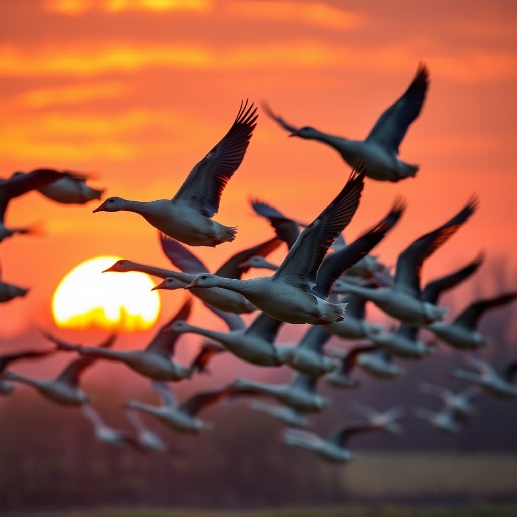 Geese in Flight at Sunrise with Motion Blur