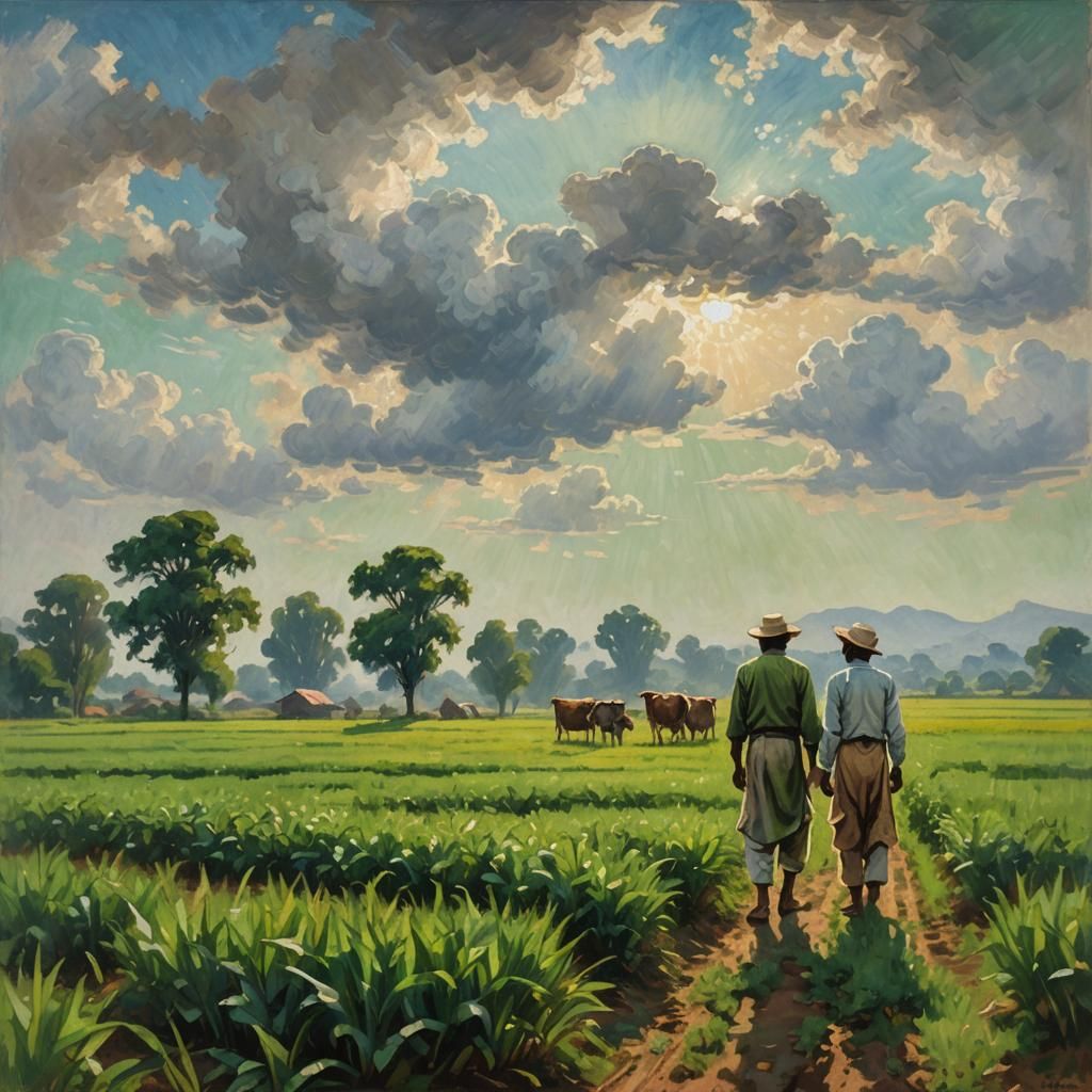 Indian Farmer in Impressionist Landscape Painting