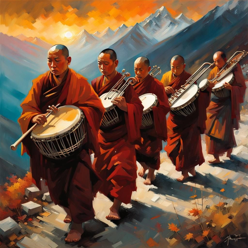 Himalayan Monks in Autumn Sunset Procession