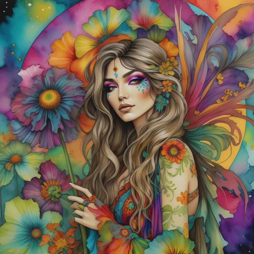 Psychedelic Hippie Woman Portrait with Flowers