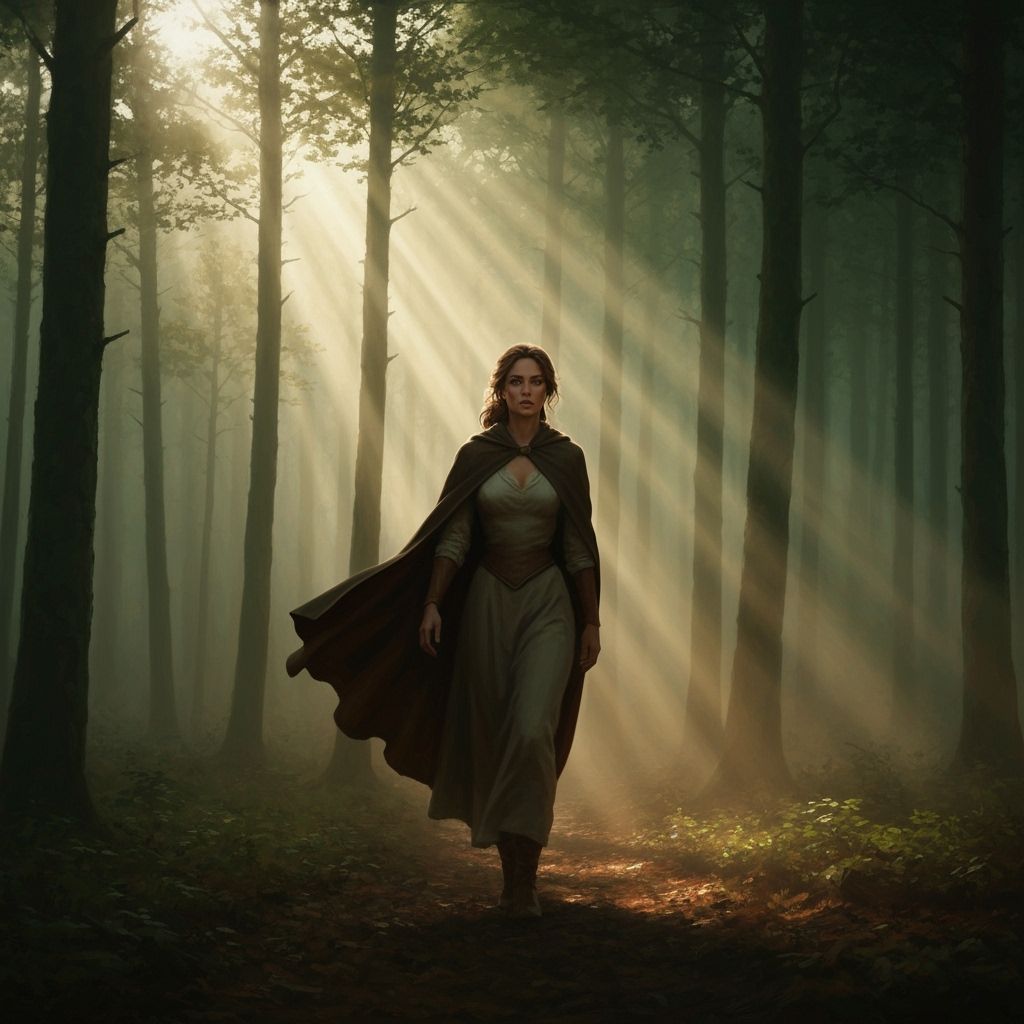 Beautiful Traveler in Misty Forest with Ethereal Light