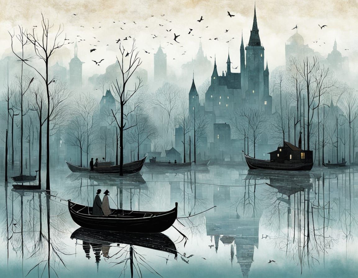 Whimsical Foggy Landscape in Watercolor Style