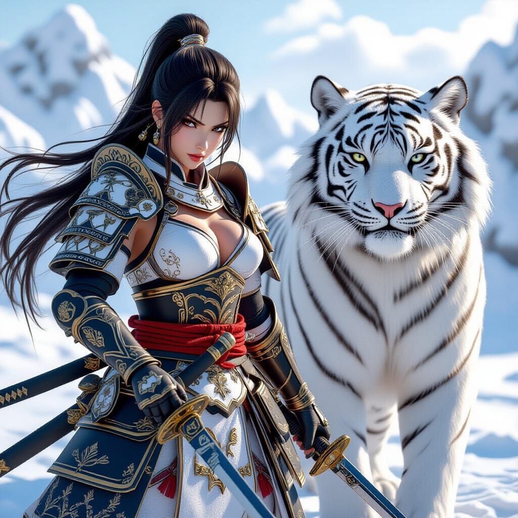 Female Warrior and White Tiger in 3D Anime Style