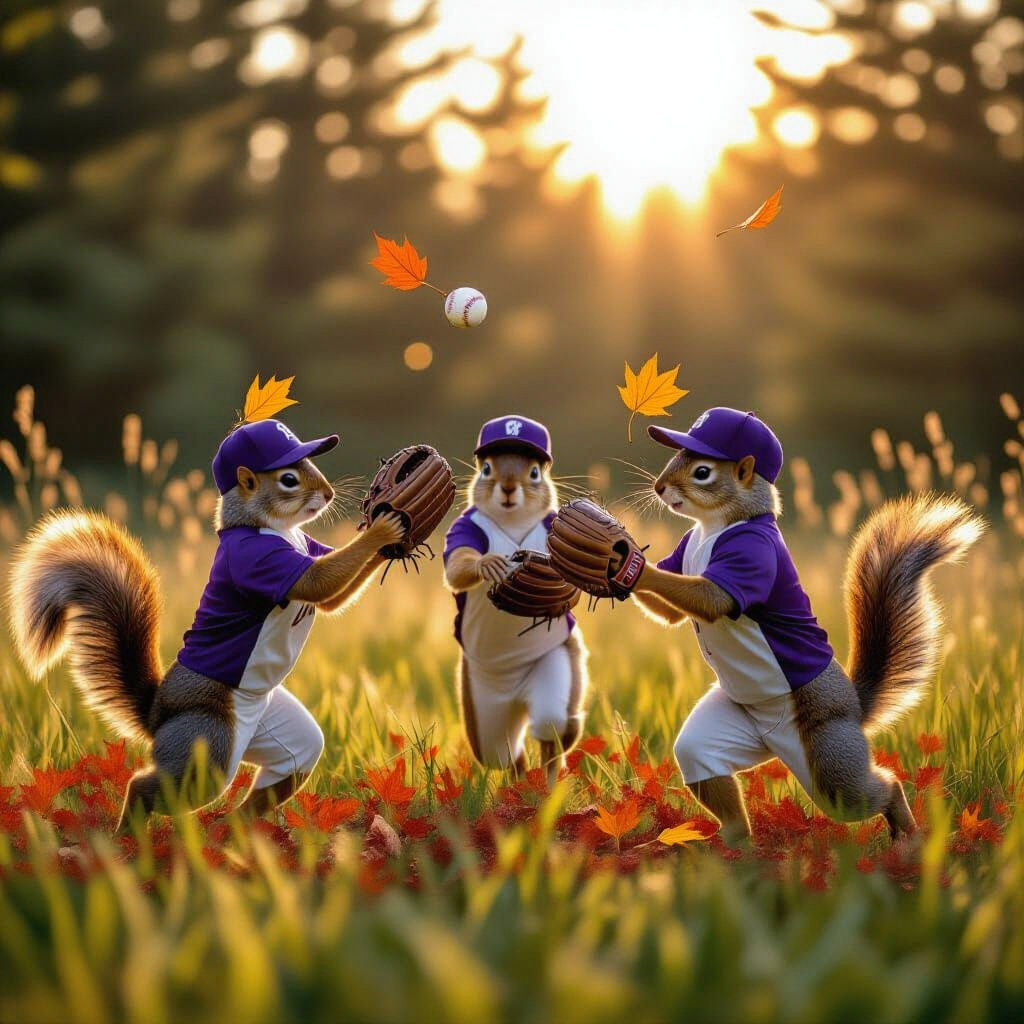 Squirrels in Baseball Uniforms Play Catch in Meadow