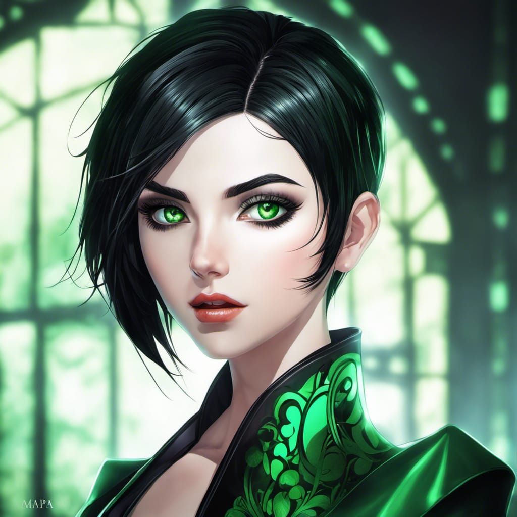 Anime Portrait of Goth Woman with Emerald Eyes