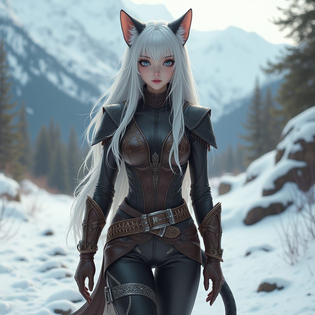 Cat-Girl Walking Through Winter Mountains