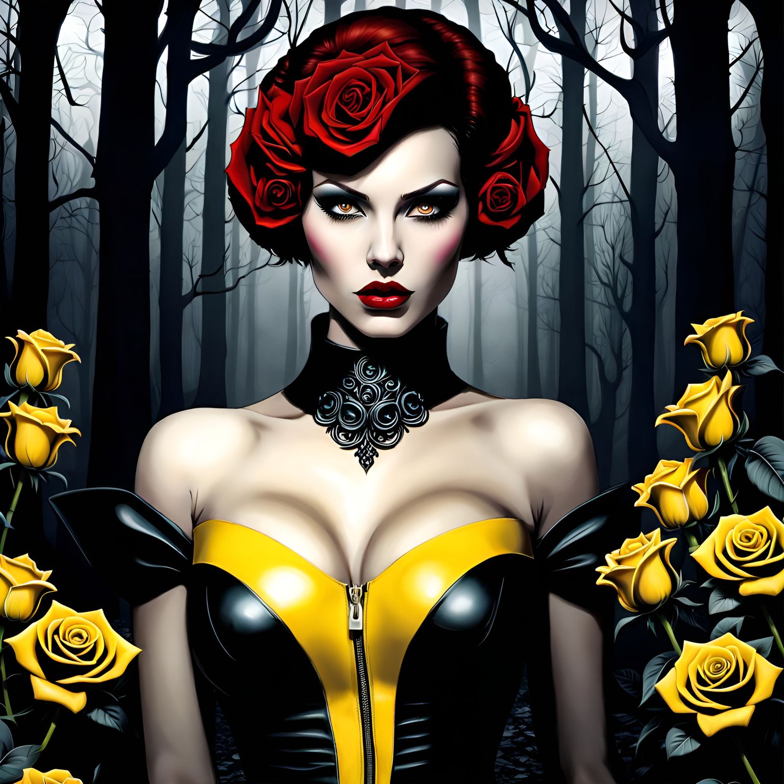 Confident Woman in Latex with Roses in Dark Forest