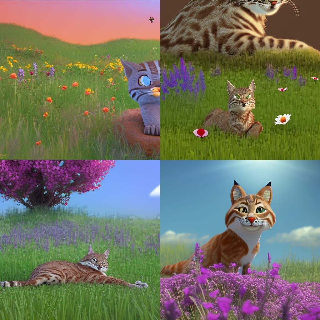 Bobcat Nap in Wildflower Meadow, 3D Digital Art