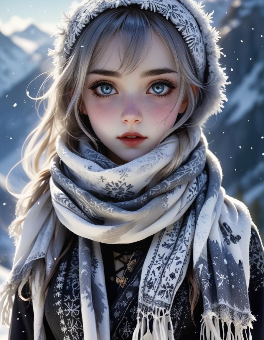 Gothic Woman in Snowy Mountain Landscape