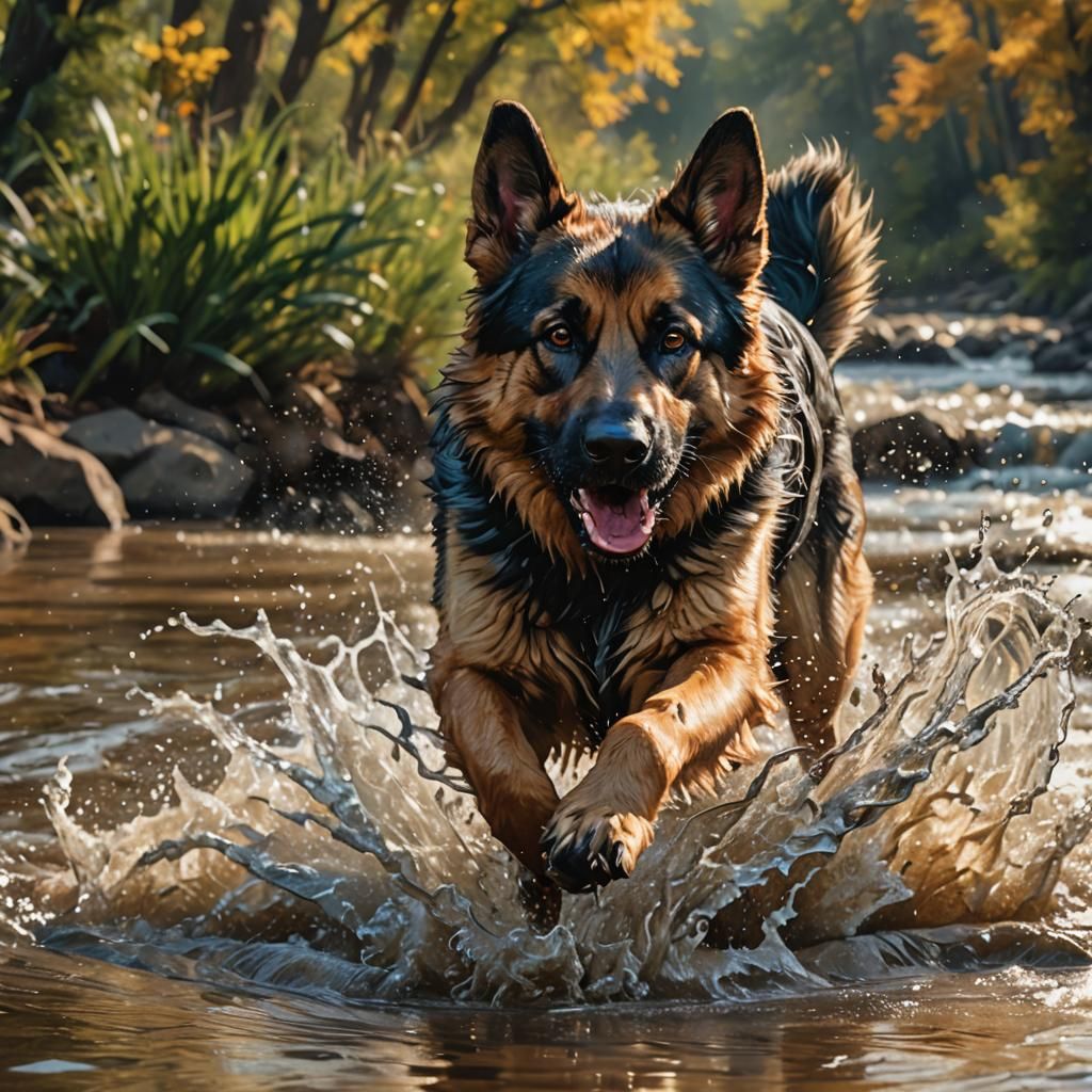 Sable German Shepherd Running: Hyperrealistic Splash Art