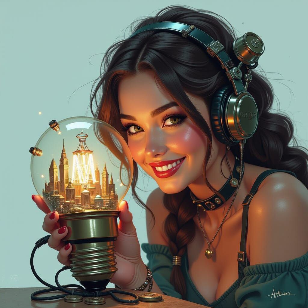 Vault Dweller Gazing at Miniature City in Lightbulb