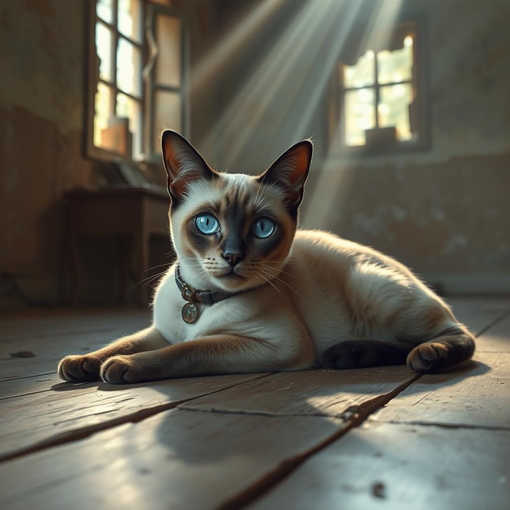 Siamese Cat in Abandoned House, Impressionist Style