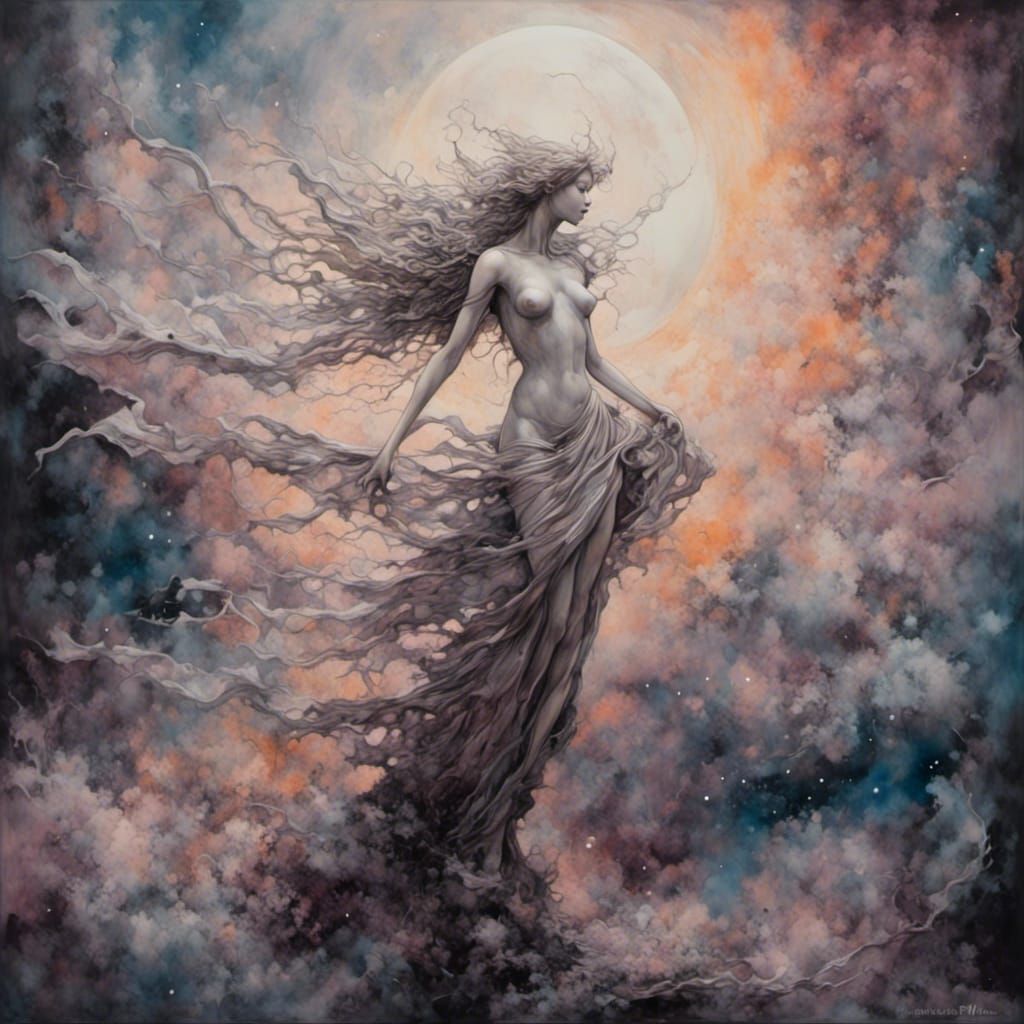 Ethereal Angel at Saturn in Acrylic Abstract Style