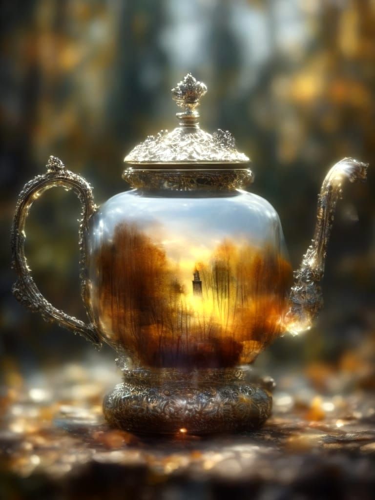 A Fantastical Silver Teapot in a Whimsical Fall Landscape