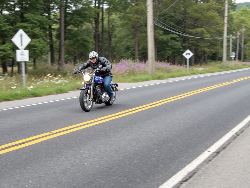 Bold Pop Art Motorcyclist on a Winding Rural Road