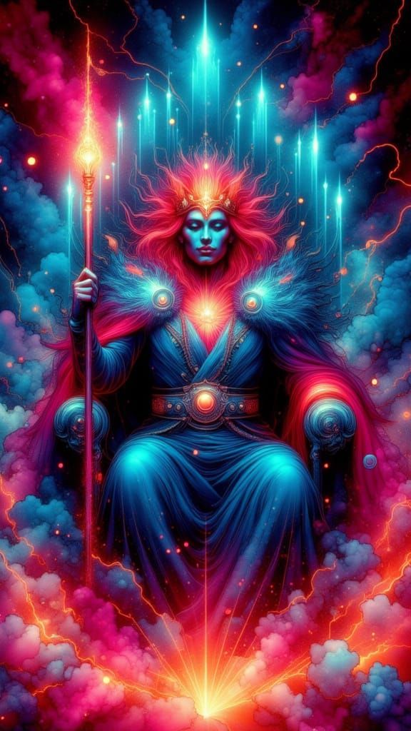 Fiery King on Throne in Neon Grunge Style