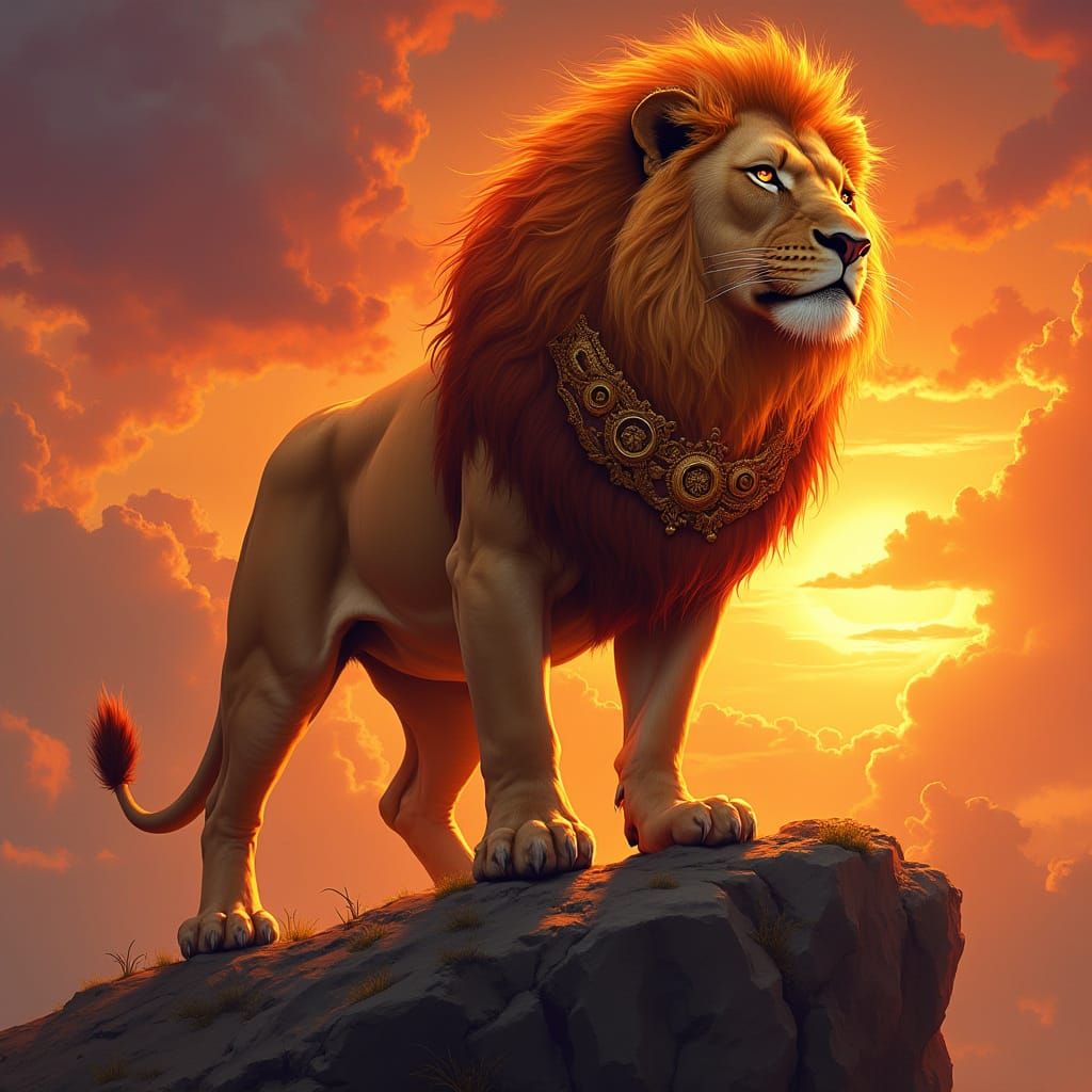 Fiery Lion on Cliff at Sunset in Hyperrealistic Style