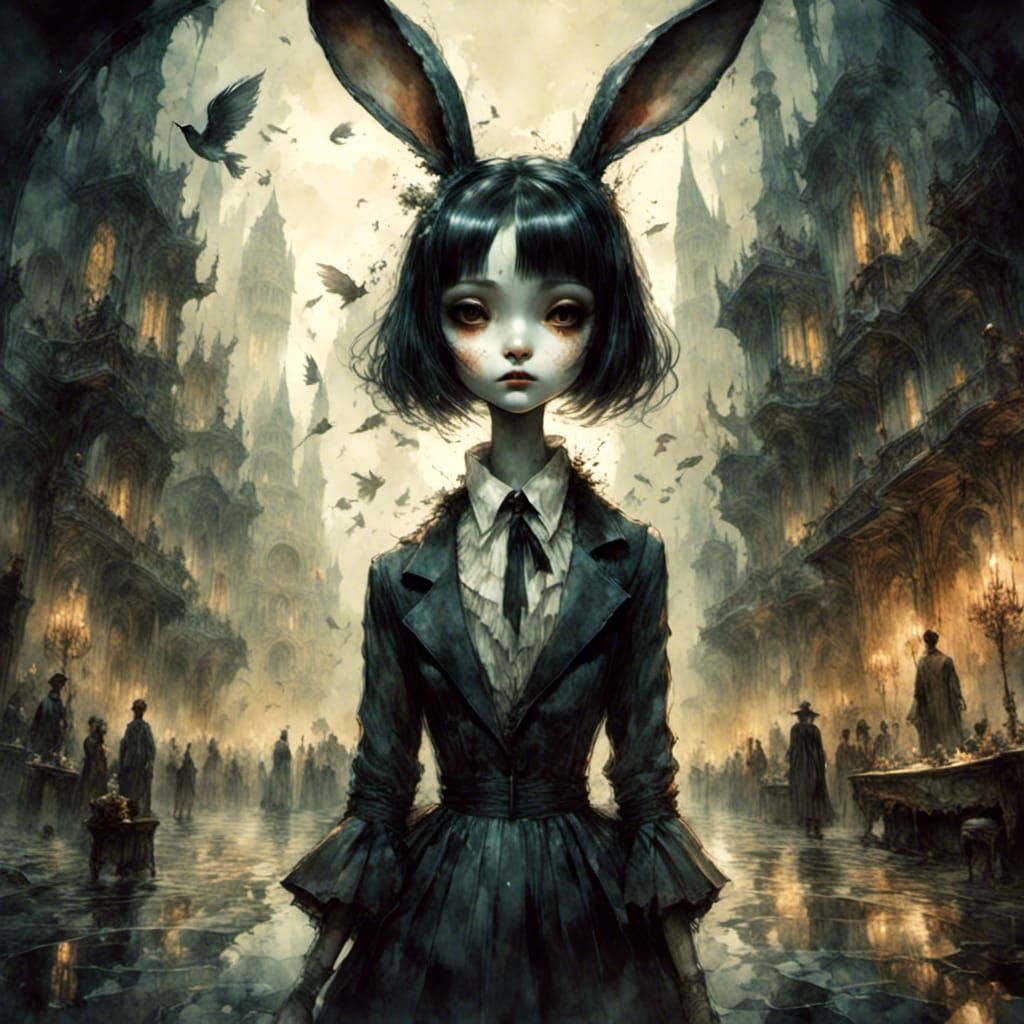 Surreal Pulp Noir Rabbit in Macabre Fairytale Style