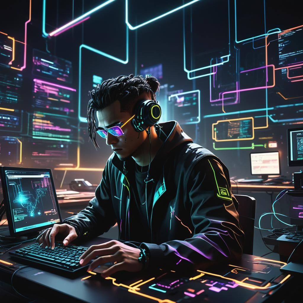 Cyberpunk Programmer Working in Neon-Lit Environment