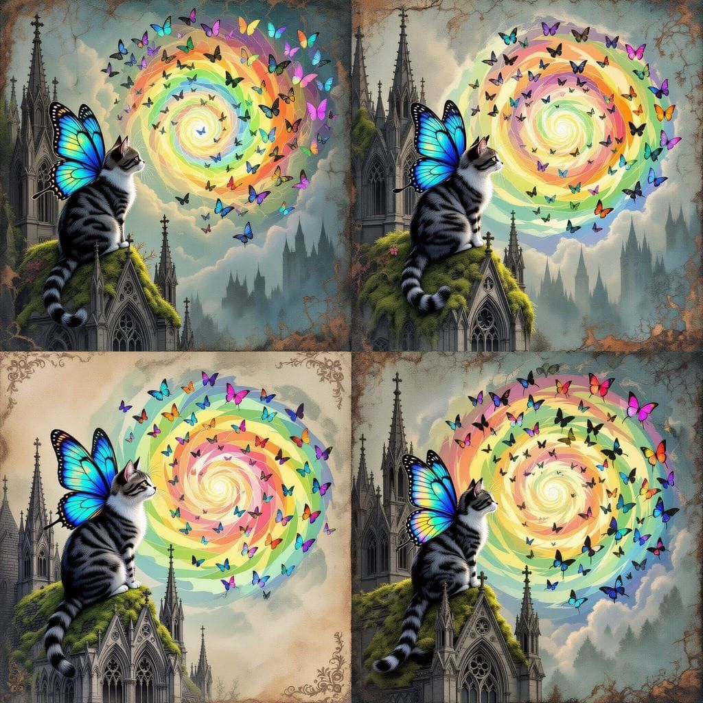 Winged Tabby Cat Watching Rainbow Butterfly Vortex