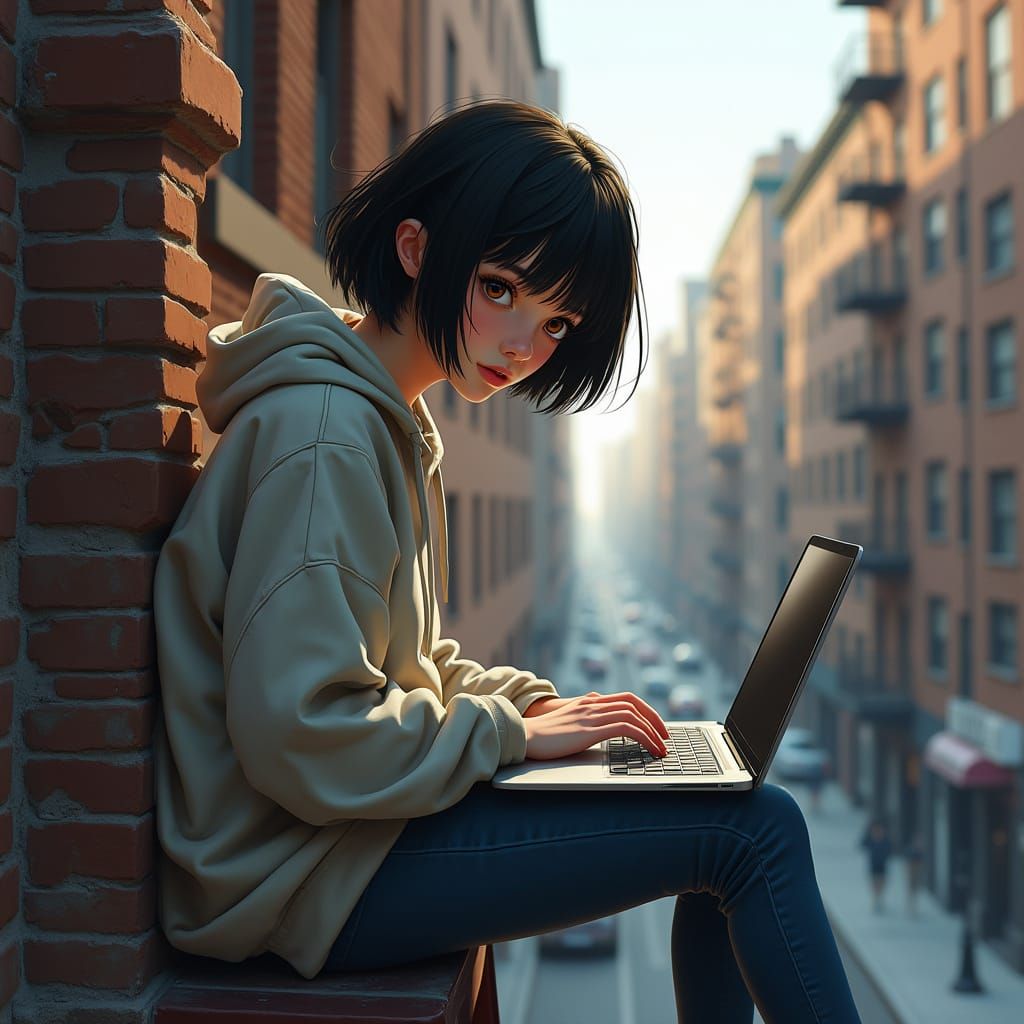 Teenager on Fire Escape with Laptop: Photorealistic Portrait