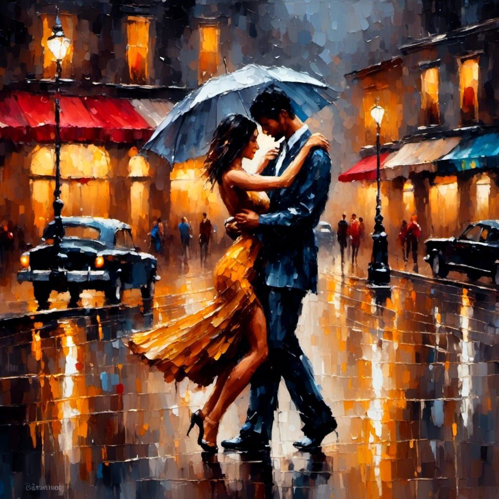 Passionate Bachata Dance in Rain, as Oil Painting