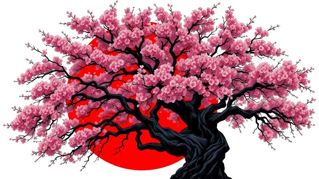 Old dark tree in black with dense cherry blossoms,