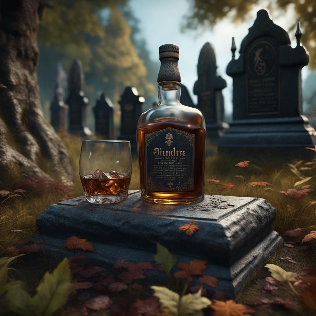 Detailed Grave Scene with Whisky Bottle
