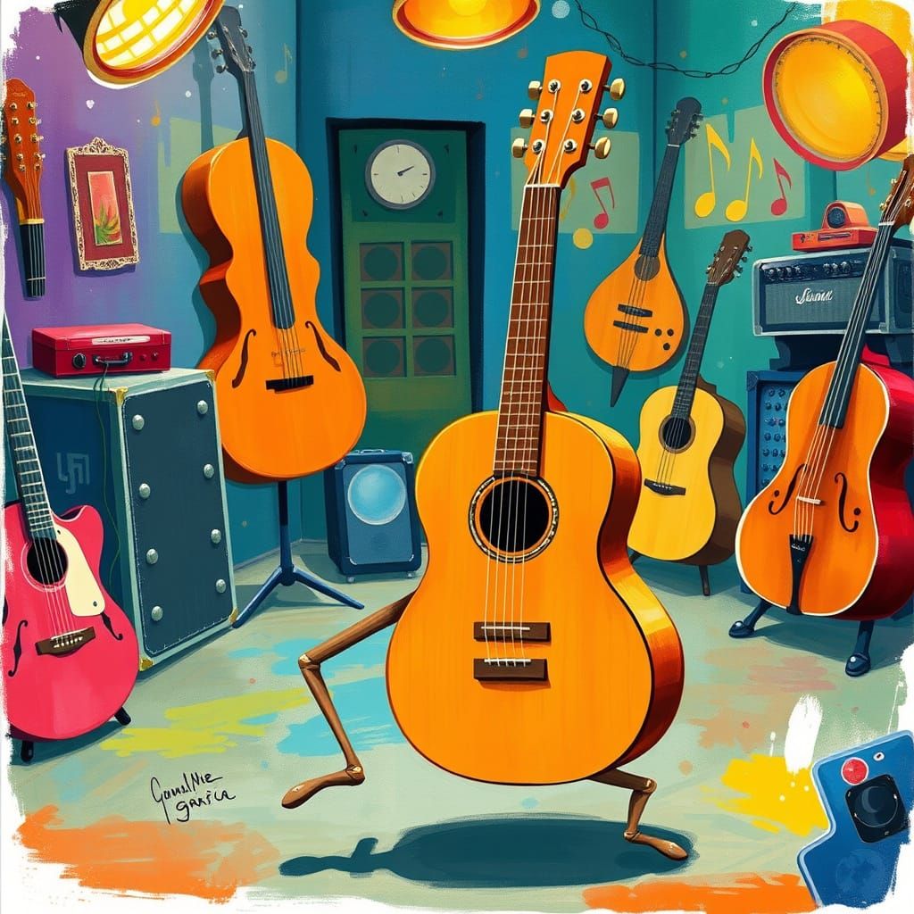 Anthropomorphic Guitar Dancing in a Vibrant Music Studio