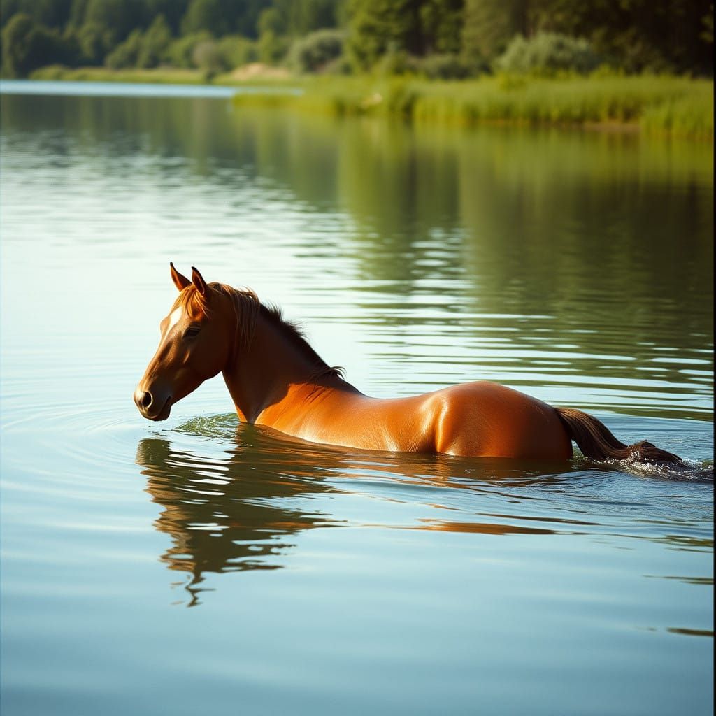 Surreal Summer Cinematic of Horse in Serene Lake Atmosphere