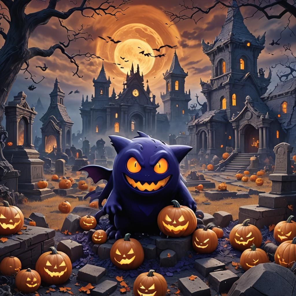 Gastly in Graveyard Ruins: Halloween Digital Art