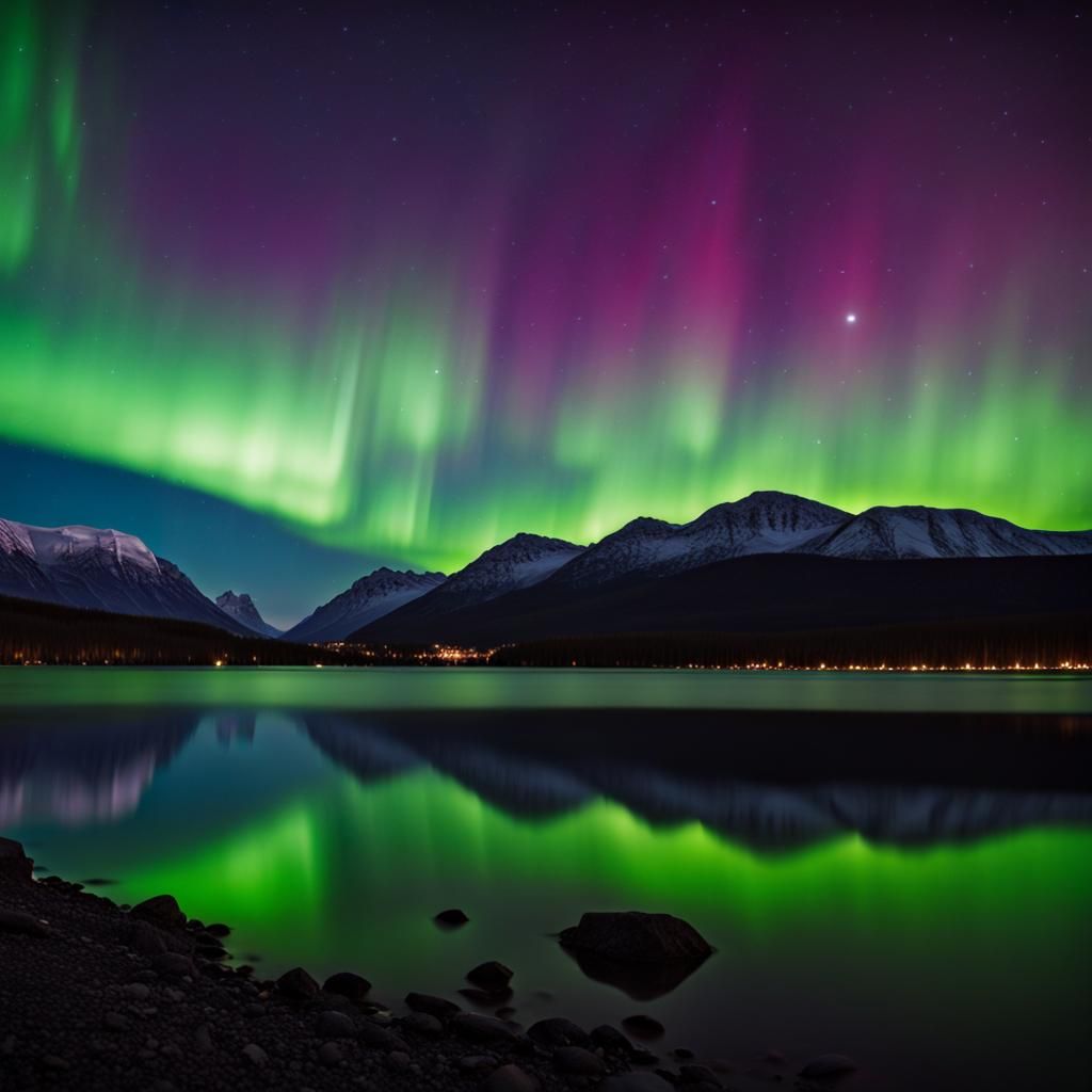 Spectacular Northern Lights Display Over Distant Mountains