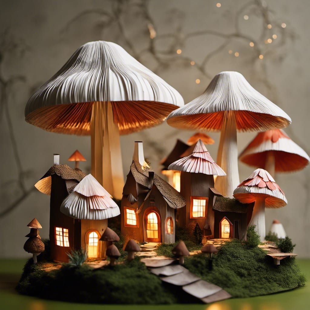 Enchanting Mushroom Village in Origami Papercraft Style